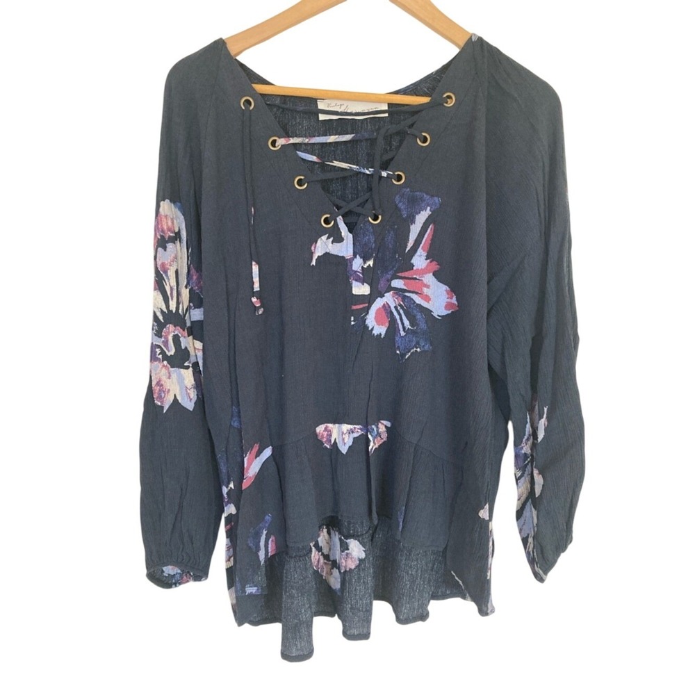 Vintage Havana Women's Navy Floral Lace-Up Peasant Top Size Small Boho Flowy